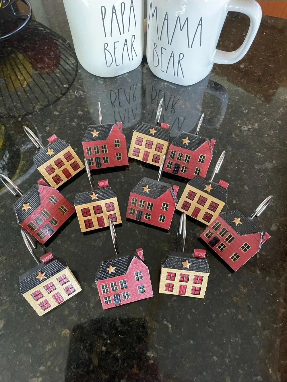 Shower Curtain Hooks - Primitive Distressed-Red Black & Cream Houses - Set of 12